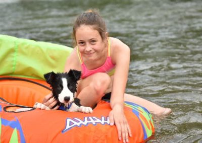 A black and white border collie on a inner tube in the river